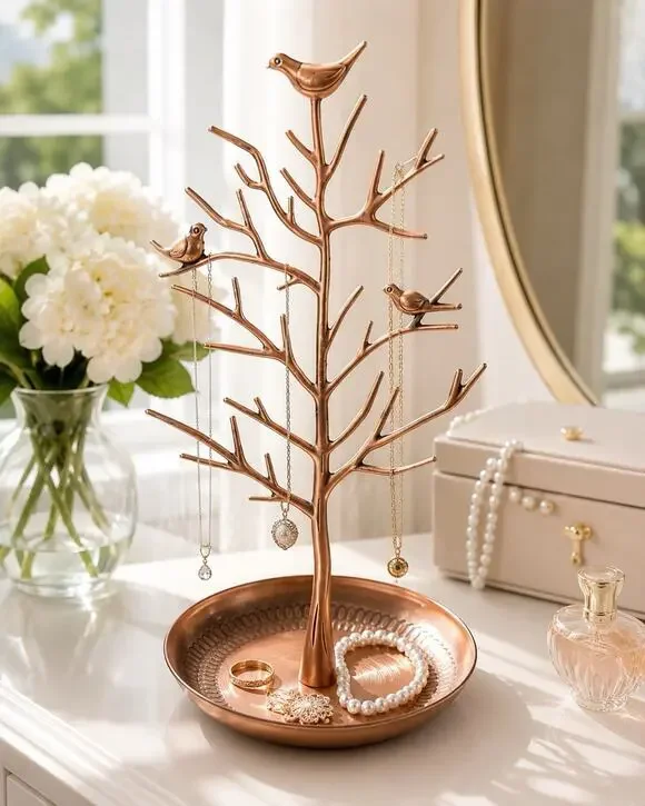 Copper Tone Bird Tree Jewelry Holder Organizer Trinket Dish Necklace Stand