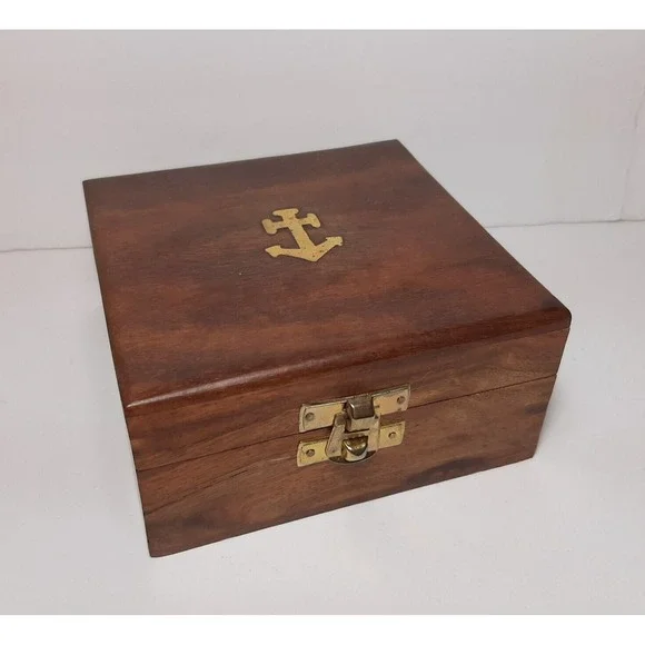 Nautical Wood Hinged Inlaid Brass Anchor Trinket Box Ocean Beach 4.75 x 4.75