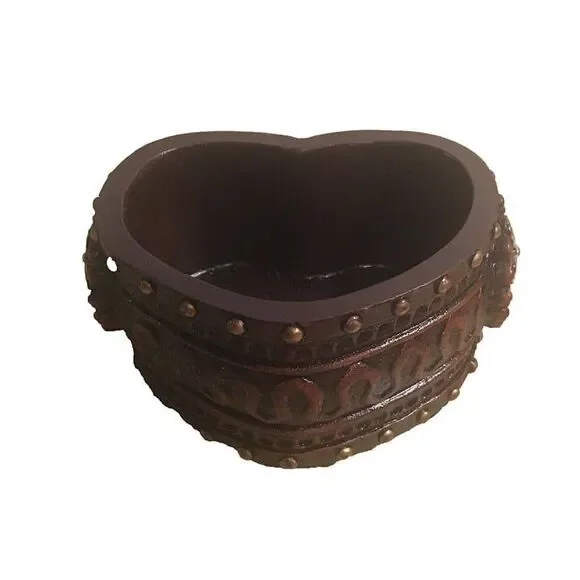 Vintage Gothic Heart Trinket Box Studded Brown Resin Decorative Jewelry Dish