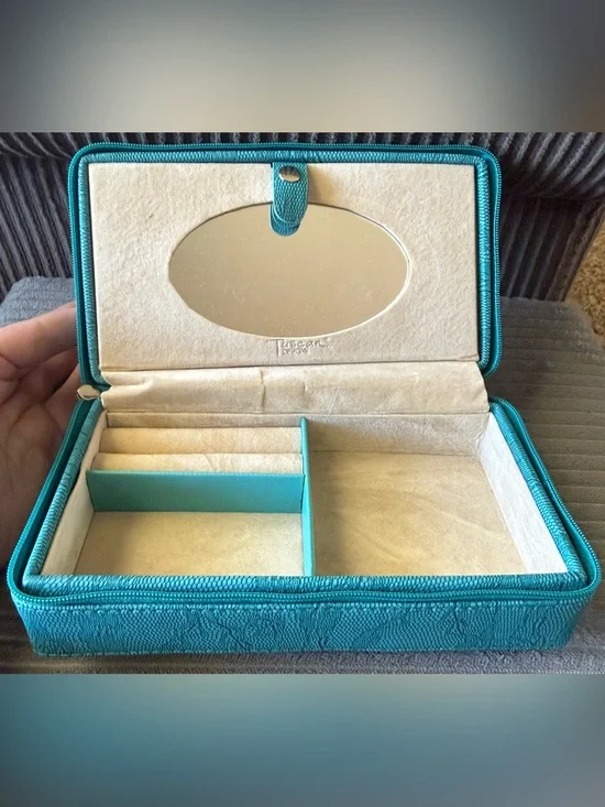 Teal Lace Travel Jewelry Organizer Box with Mirror Tuscan Designs