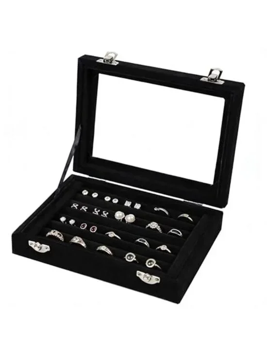 Black Velvet Ring Organizer Tray 7 Slots Transparent Lid Dustproof Jewelry Box