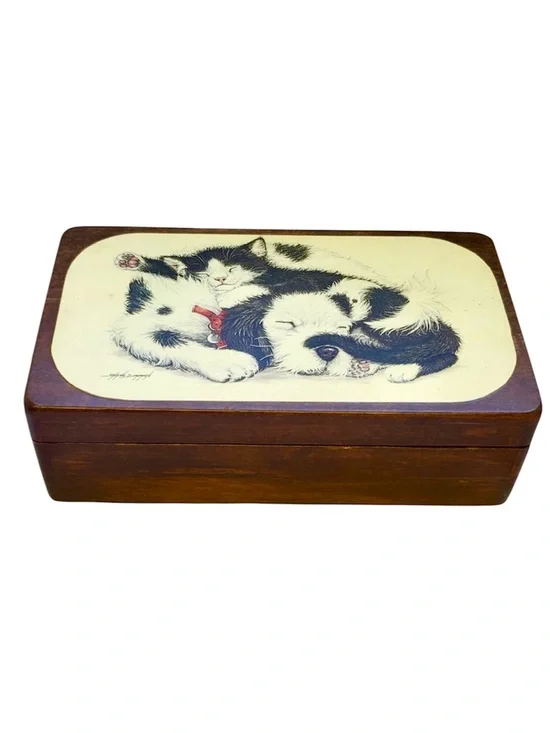 Vintage Handmade Wooden 2- Compartment Trinket/Jewelry Box  w/ Cuddly Fur-Babies