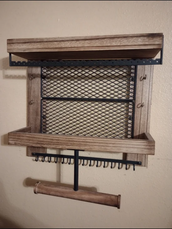 Rustic Wall Organizer with Wood Shelf and Metal Hooks - Brown & Black