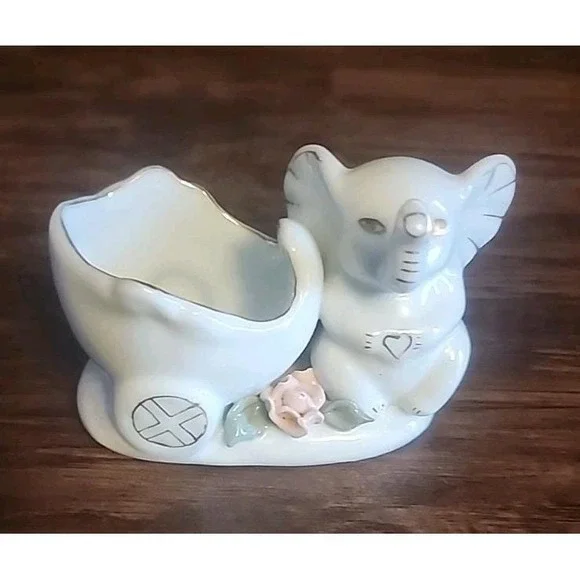 Vintage Elephant Ring Holder Jewelry Dish Porcelain Trunk Up Decor