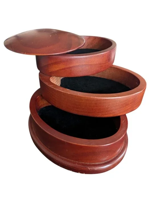 Vintage 3 Tier, Wooden, Swivel, Velvet Lined, Oval Jewelry Box.