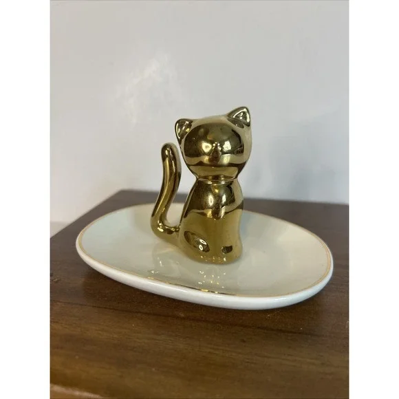 Kitty Cat Trinket Dish RING Holder Jewelry Vanity Plate Gold & White 2016