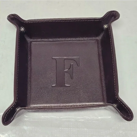 Genuine Brown Leather Valet Tray Trinket Dish Personalized With Letter 