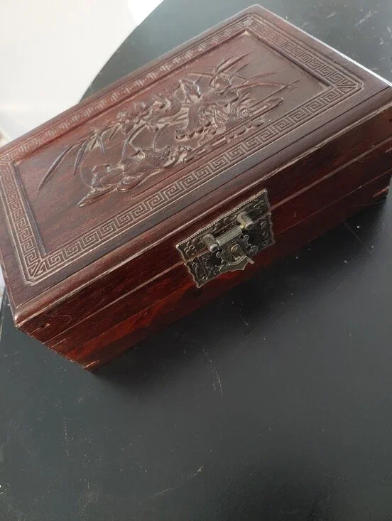 Carved Chinese Wooden Jewelry Box with Metal Latch - Dark Brown