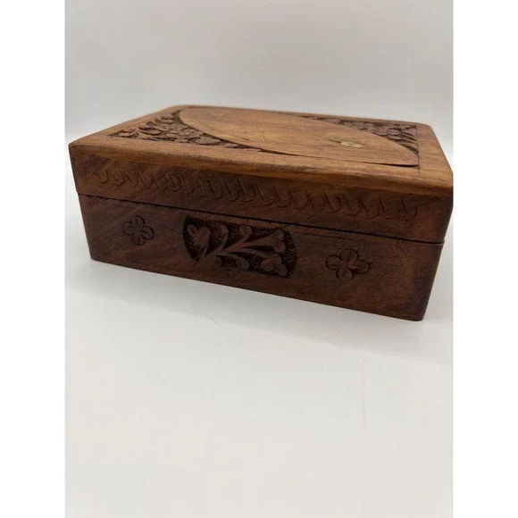 Vtg Carved Hinged Wood Floral Trinket Jewelry Box Gold Flower Inlay India