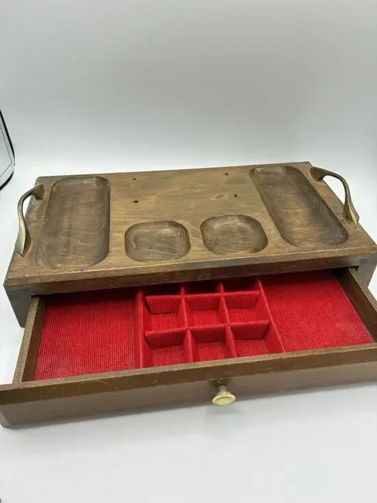Vintage Japanese Wood Mens Valet Dresser Caddy Brass Handles Red Lined Drawer