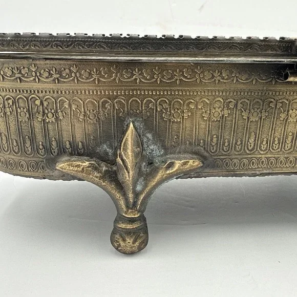 Vtg French Ormolu Beveled Glass Brass Filigree Ornate Jewelry Box Casket