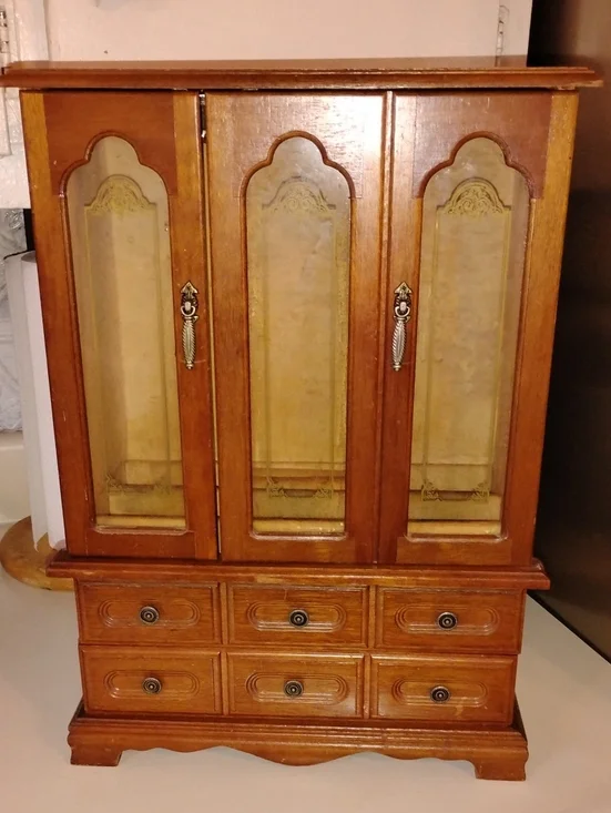 Vintage Wood Jewelry Armoire- Dresser Top Style TLC 12.5 L X 5.5 W X 17.5 H