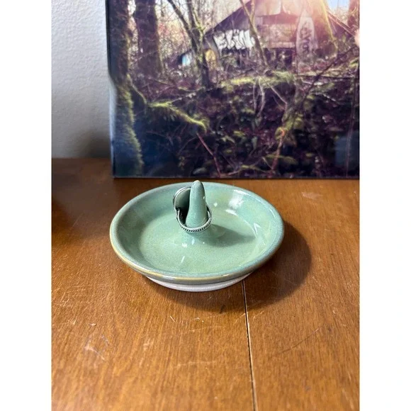 Studio Pottery Ceramic Ring Holder Dish Sage Green Glazed Jewelry Organizer Tray