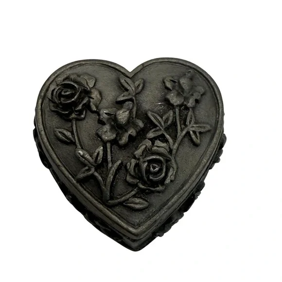 Vintage Torino Pewter Heart Trinket Box Floral Relief w/ Rose‎ Stud Earrings Set