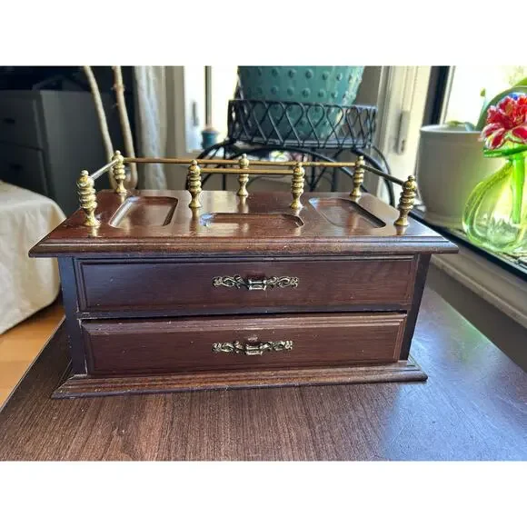 Jewelry Box Valet Mens Wooden 2 Drawers Brown Velvet Lining Vintage