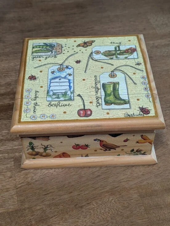 Pily Acuna Design Decoupage Wooden Trinket Box/ Jewelry Box Garden Bees Ladybug