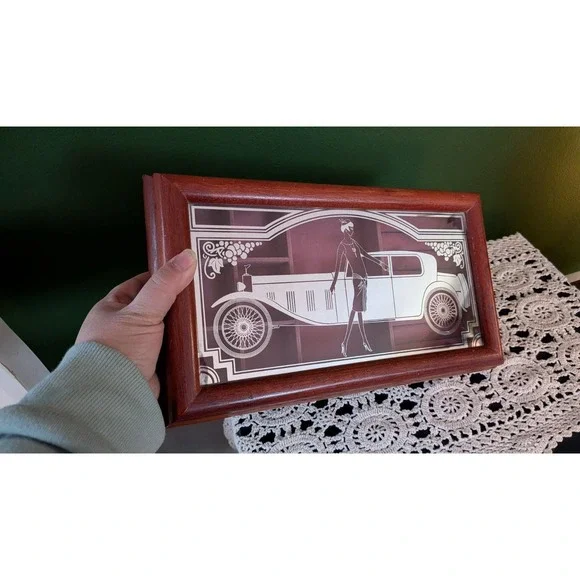 Vintage Wooden Velvet Jewelry‎ Box Art Deco Flapper Car Glass Lid Silver Etching