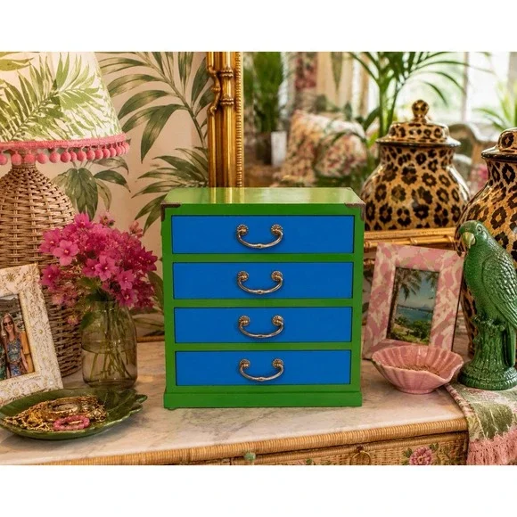 VTG Japan Wooden Mini Jewelry Chest 4 Drawer Tabletop Dresser Blue Green Whimsy