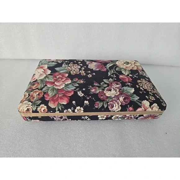 Vintage Travel Jewelry Box Clamshell Hard Case Black Floral Gold Mirror Inside