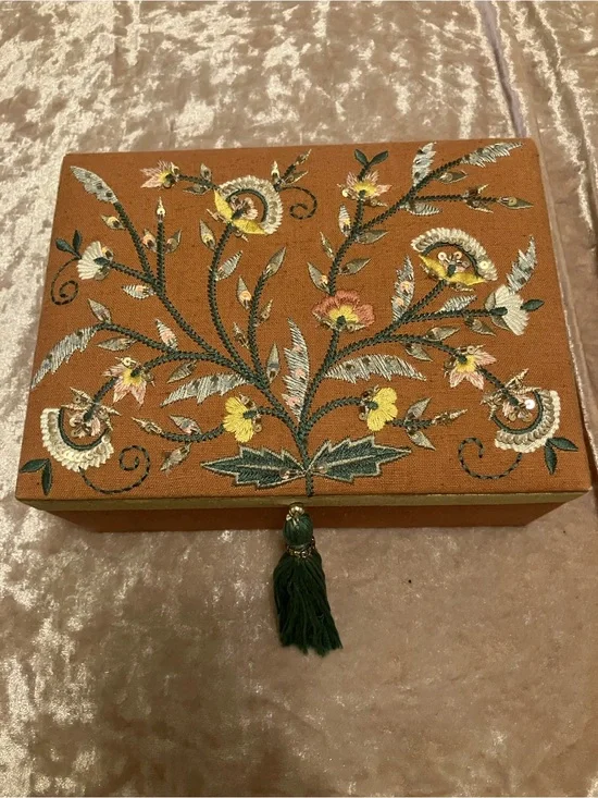 Embroidered boho Floral Jewelry Box in Burnt Orange with Green Tassel