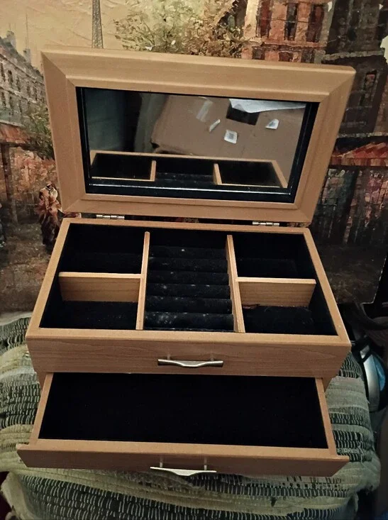 MELE- Bamboo Wood Finish Jewelry Organizer Box with Mirror Tan & Black Velvet.🏠