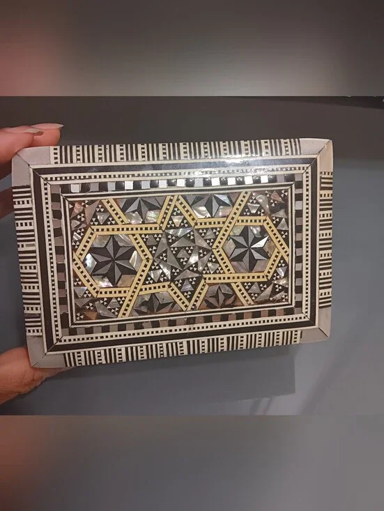 Antique Geometric Mother Of Pearl Jewelry Box