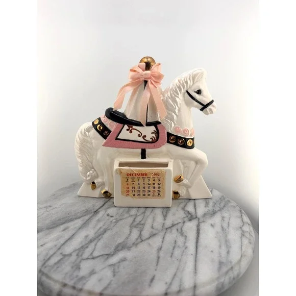 Vintage Ceramic Carousel Horse Calendar Iridescent Pink Gold Organizer Coquette
