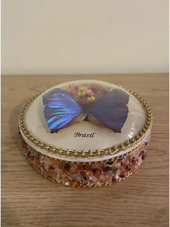 VTG 4.25” Real Morpho Butterfly & Flowers Brazil Souvenir Jewelry Trinket Box