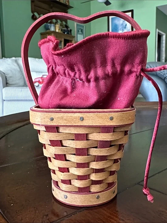 Longaberger tiny treasures basket with heart shaped handle. Liner. Protector