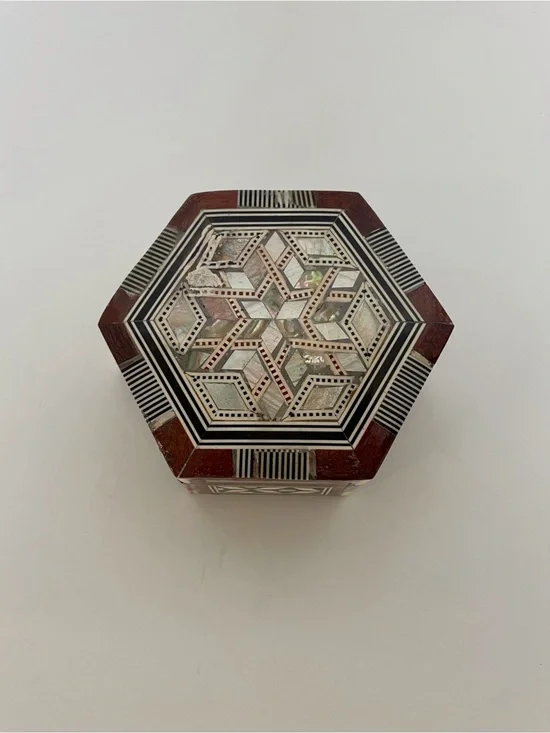 Hexagonal Inlaid Decorative Box - Brown, Black & Cream