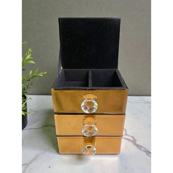 Allure by Jay Amber Smoke Mirrored Jewelry Box 3-Tier Crystal Knobs Art Deco 6