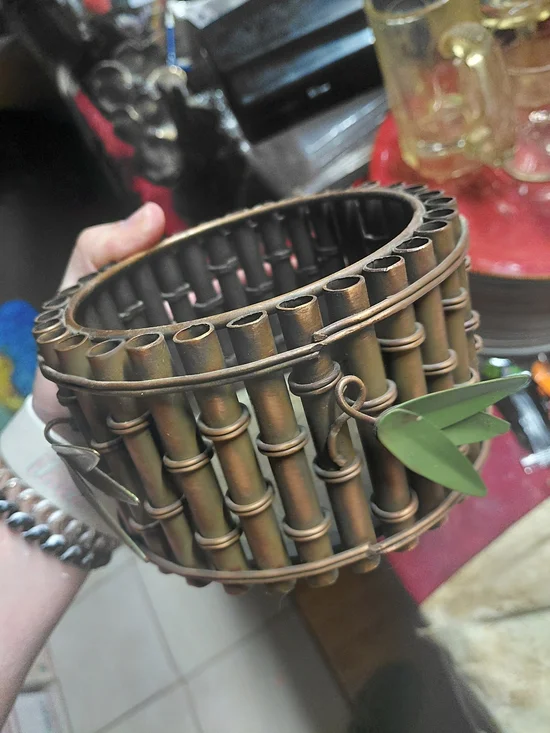 vintage Shendan brand heavy metal jewelry box shaped like a round bamboo