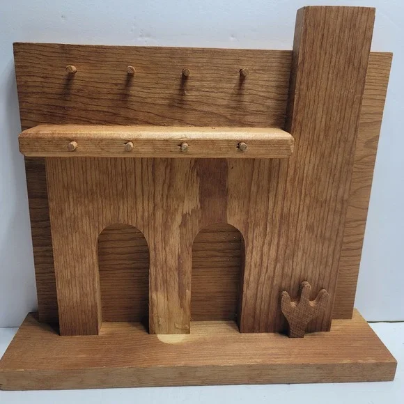 Vintage Southwestern Wooden Jewelry Organizer Wall Hanging Cactus Arch Display