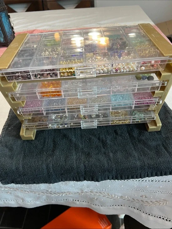Bead Lot & Clear Stackable Jewelry Organizer with Gold Frame - Storage Drawers