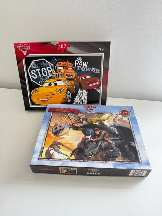 Set of 2 Kids Puzzles 187 pieces 7+years Disney Cars & How to Train your Dragon