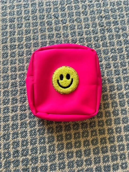 Hot Pink Square Pouch with Yellow Smiley Patch