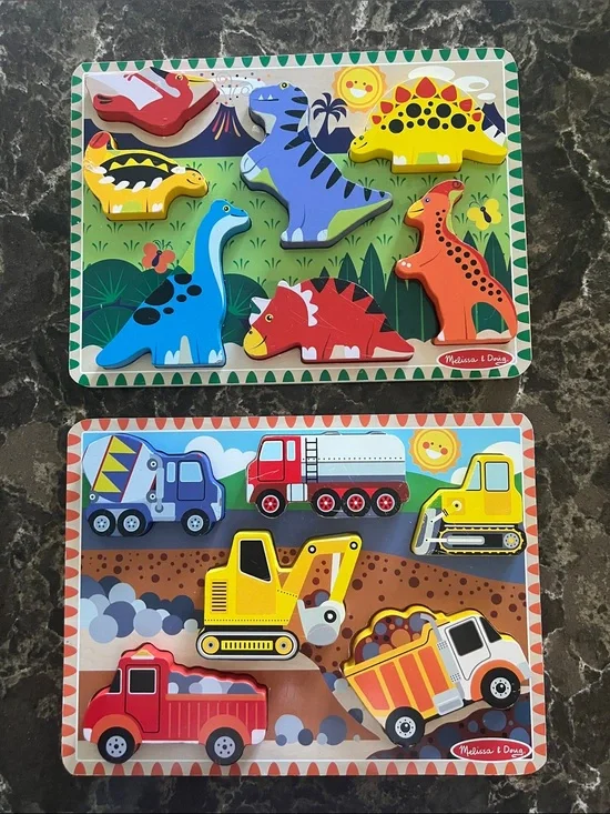 Melissa & Doug Chunky Wooden Puzzles - Dinosaurs & Construction