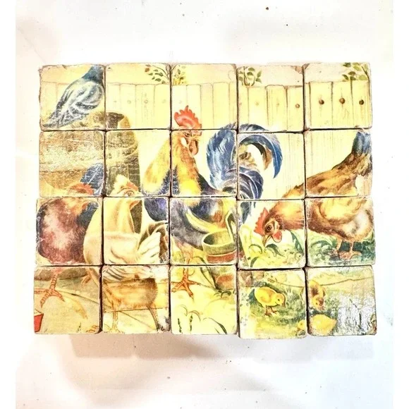 Vintage Farmhouse Wooden Picture Blocks Puzzle Chicken Horse Kitten‎ Cottagecore
