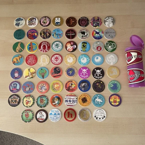 Random Mixed LOT Of 62 POGS‎ MILK CAPS + tube 90s Skull 8 Ball REN & Stimpy Art