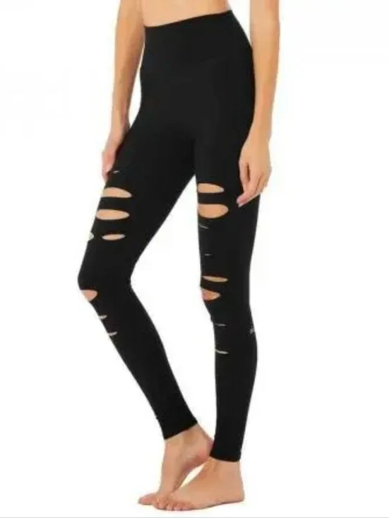 ALO YOGA Leggings Ripped Warriorn High Waist Black Distressed Womens Size Medium