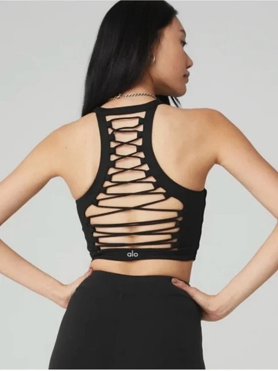 ALO Yoga Black Lace-Up Back Crop Top