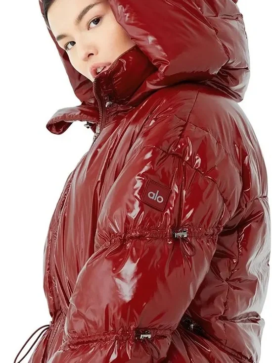 ALO Yoga Glossy Burgundy Hooded Puffer Jacket
