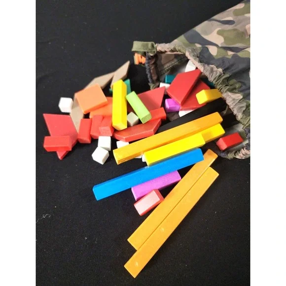 Mixed Lot of 78 Tangram pieces and 102 Cuisenaire rods in camo dino bag‎