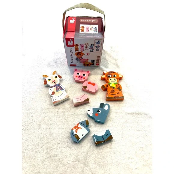 Janod Funny Magnets Wooden Farm Animal Mix Match Puzzle Set 12pc J08042