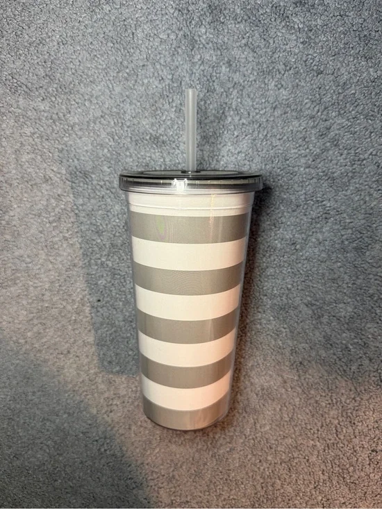 Target Gray and White Striped Reusable Tumbler with Clear Lid and Straw