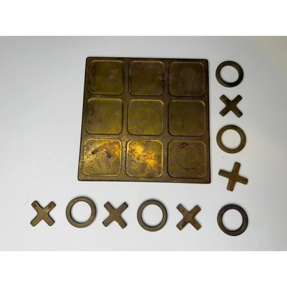 Vintage Brass Tic Tac Toe Set Small Travel Decoration 10 Pieces Game Puzzle