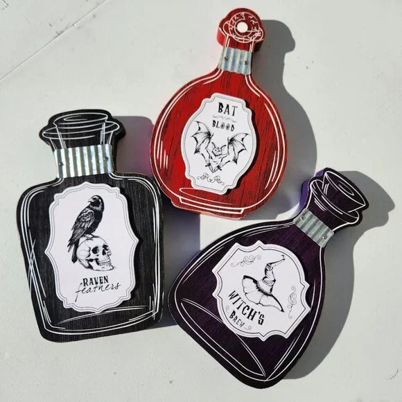 New Set of 3 Halloween Decor Wooden Potions Wood Decorations Bat Blood Witch's B