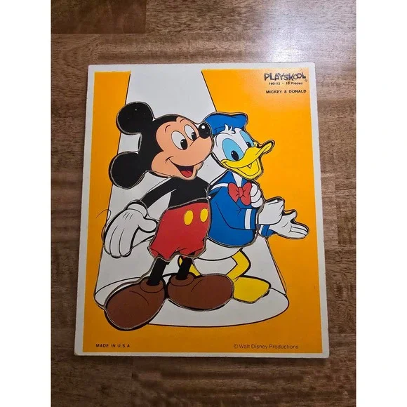 Vintage Playskool Disney Mickey Mouse Donald Duck Wood Tray Puzzle 190-13 10pc