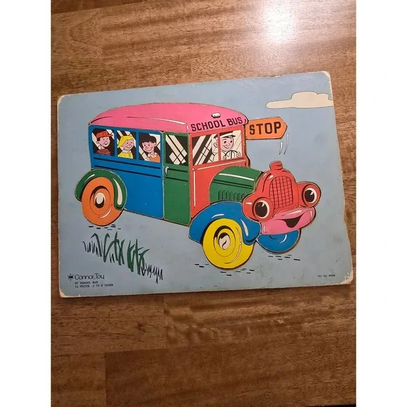 Vintage Connor Toy School Bus Wooden Inlay Puzzle 11 Pieces Ages 2-6 Retro
