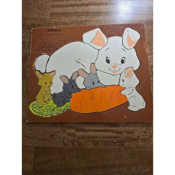 Vintage Playskool Wooden Inlay Puzzle Rabbits Bunnies Carrot 13 Pieces